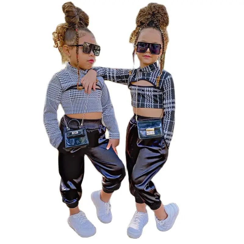 

Autumn Toddler Girls 2pcs/set Boutique Outfits Ins Style Fashion Long Sleeve Grid Hollow Out Crop Tops+Pants Casual Kids Clothes