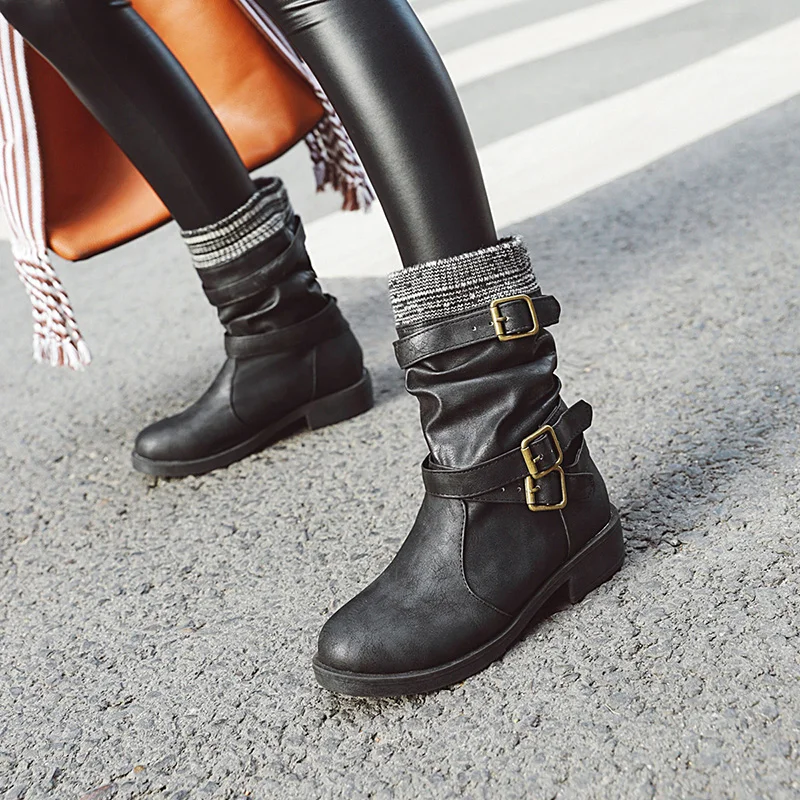 Fashion Western Style Belt Buckle Women Ankle Boots Pu Leather Low Heels Round Toe Slip-on Women Winter Warm Motorcycle Boots
Fashion Western Style Belt Buckle Women Ankle Boots Pu Leather Low Heels Round Toe Slip-on Women Winter Warm Motorcycle Boots