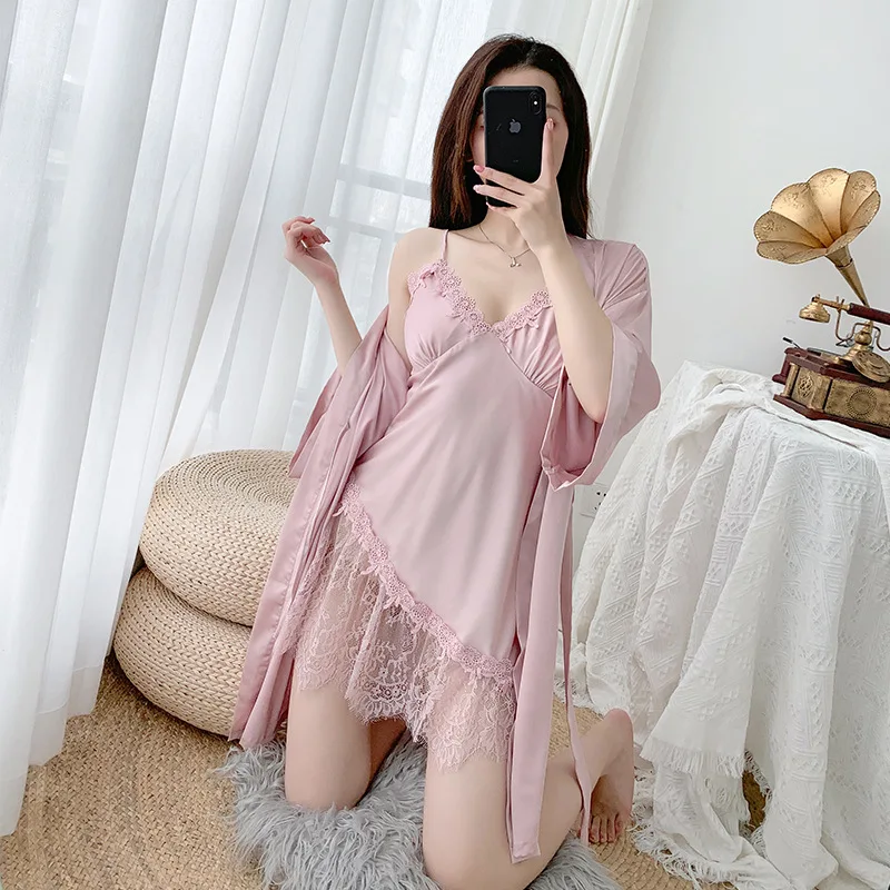Summer Silk Satin Robes Set Women 2 Pieces Sexy Lace V-neck Nightie Half Sleeve Kimono Sleepwear Bride Wedding Bathrobe Homewear 
Summer Silk Satin Robes Set Women 2 Pieces Sexy Lace V-neck Nightie Half Sleeve Kimono Sleepwear Bride Wedding Bathrobe Homewear