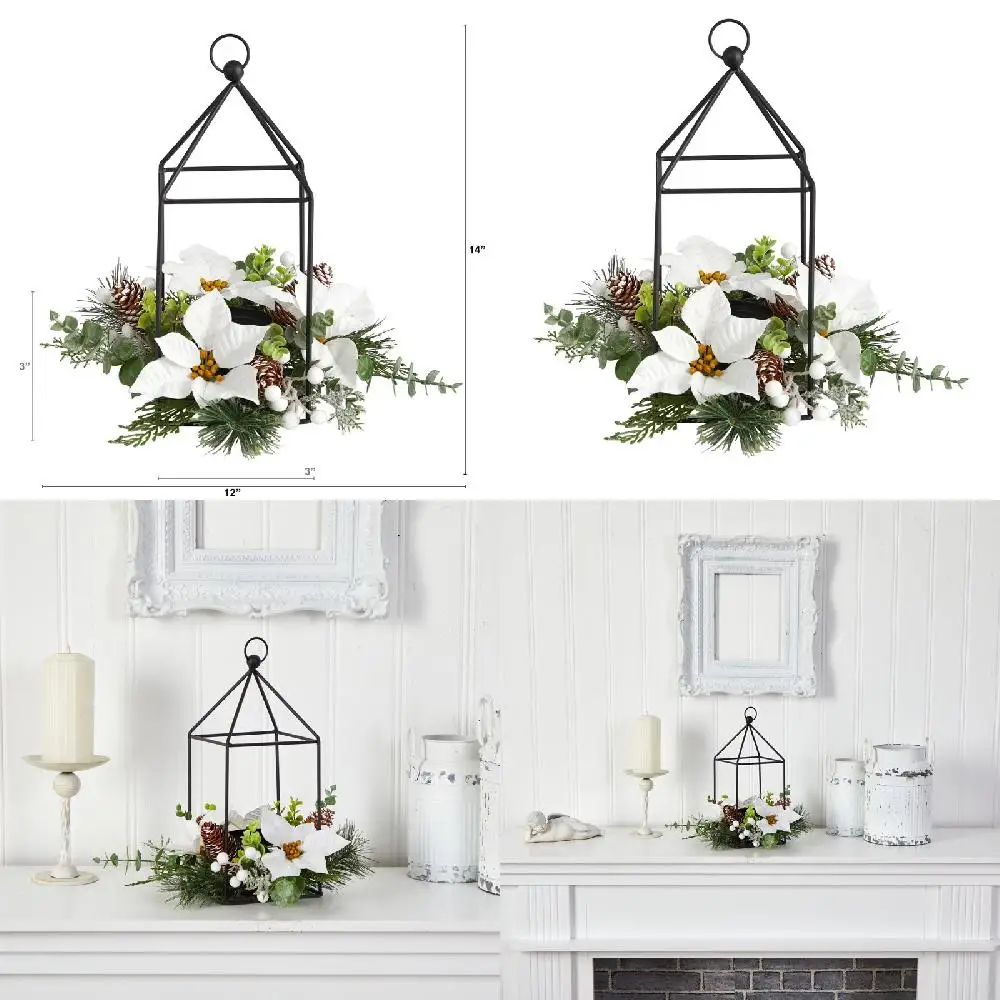 Deluxe White Poinsettia, Berries, Pine Cone and Candle Holder Artificial Flower Holiday Arrangement
Deluxe White Poinsettia, Berries, Pine Cone and Candle Holder Artificial Flower Holiday Arrangement
