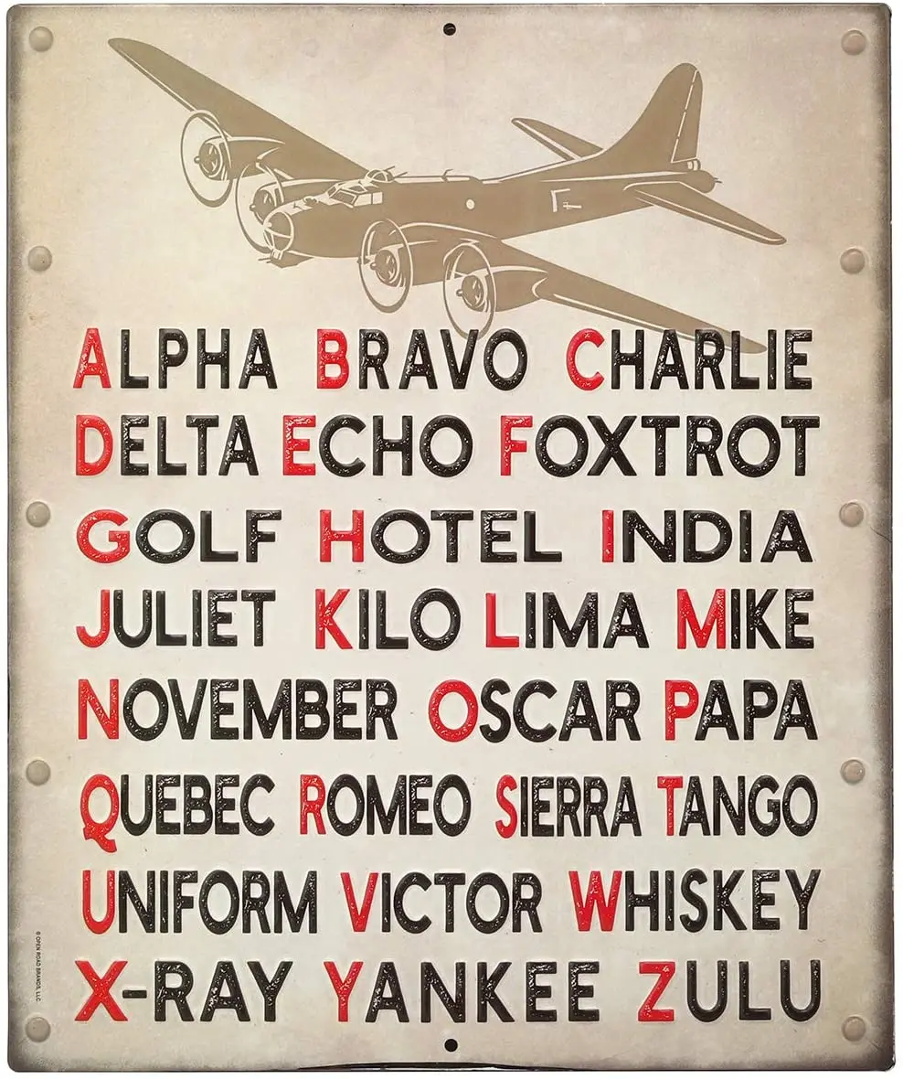 Open Road Brands Pilot Code Phonetic Alphabet Embossed Metal Sign wall decor mancave
Open Road Brands Pilot Code Phonetic Alphabet Embossed Metal Sign wall decor mancave