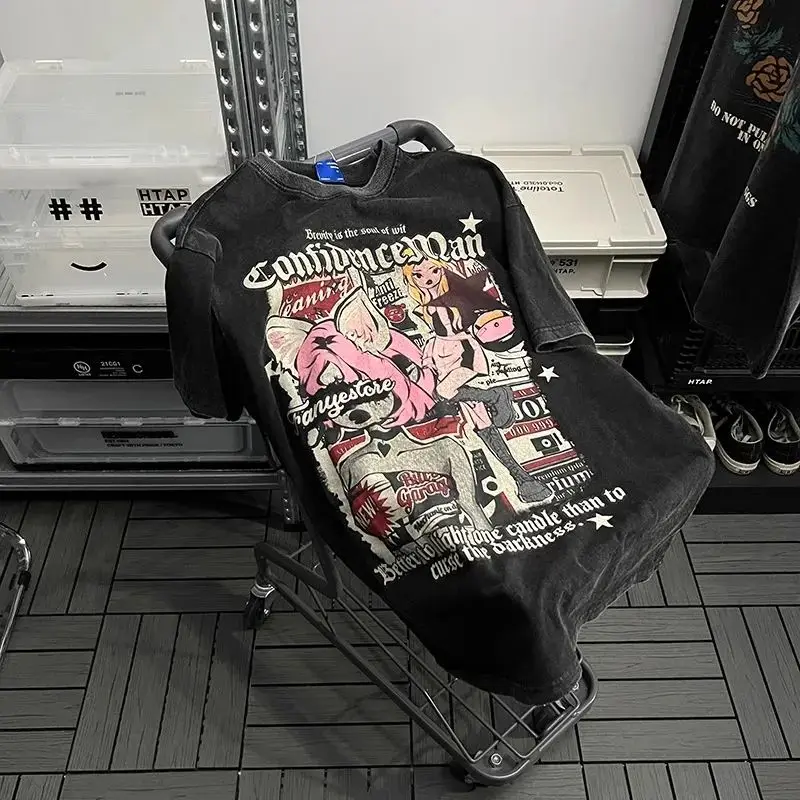 Trendy tide brand American retro anime print short sleeved t-shirt men and women with same paragraph loose casual half sleeve 
Trendy tide brand American retro anime print short sleeved t-shirt men and women with same paragraph loose casual half sleeve