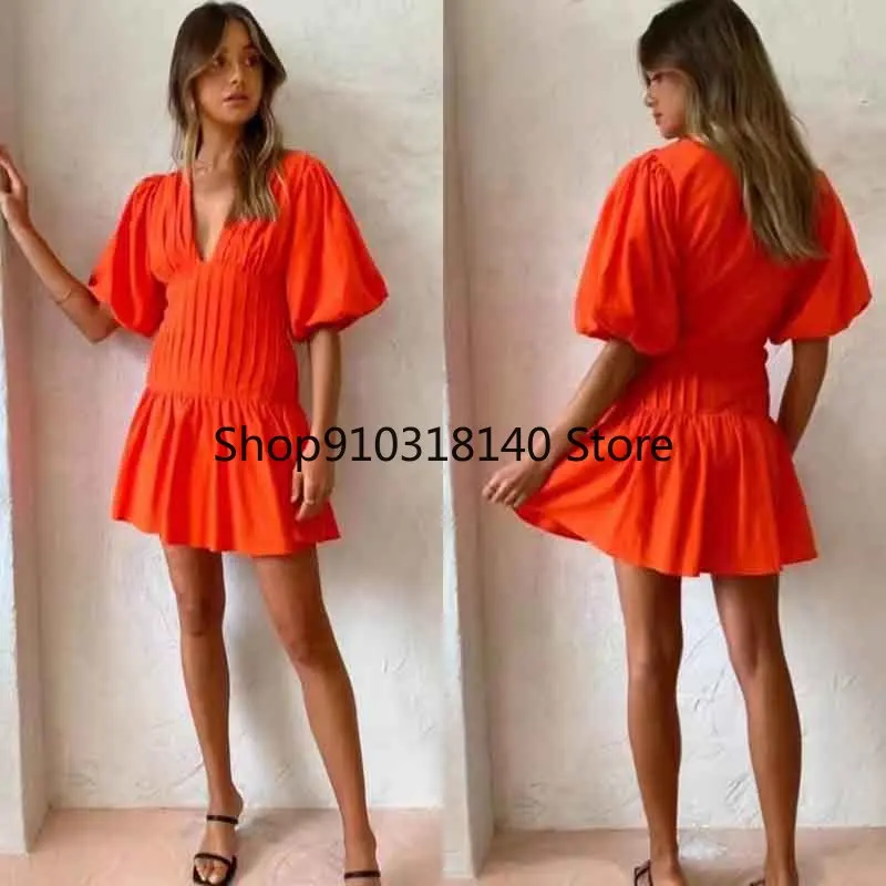 2022 spring summer short puff sleeve solid v-neck dresses women folds slim mini dress vestidos orange white B13
2022 spring summer short puff sleeve solid v-neck dresses women folds slim mini dress vestidos orange white B13