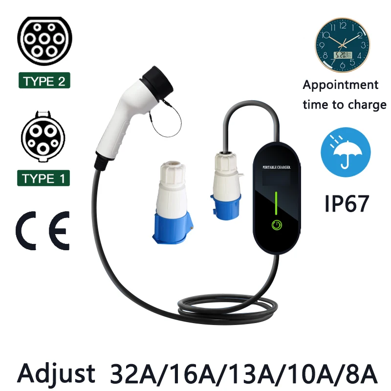 EVSE car charger 32A 7KWSAE adjustable current J1772 Type 1 IEC62196 Type 2 EV Portable Charger 16A Electric Vehicle Charger
EVSE car charger 32A 7KWSAE adjustable current J1772 Type 1 IEC62196 Type 2 EV Portable Charger 16A Electric Vehicle Charger