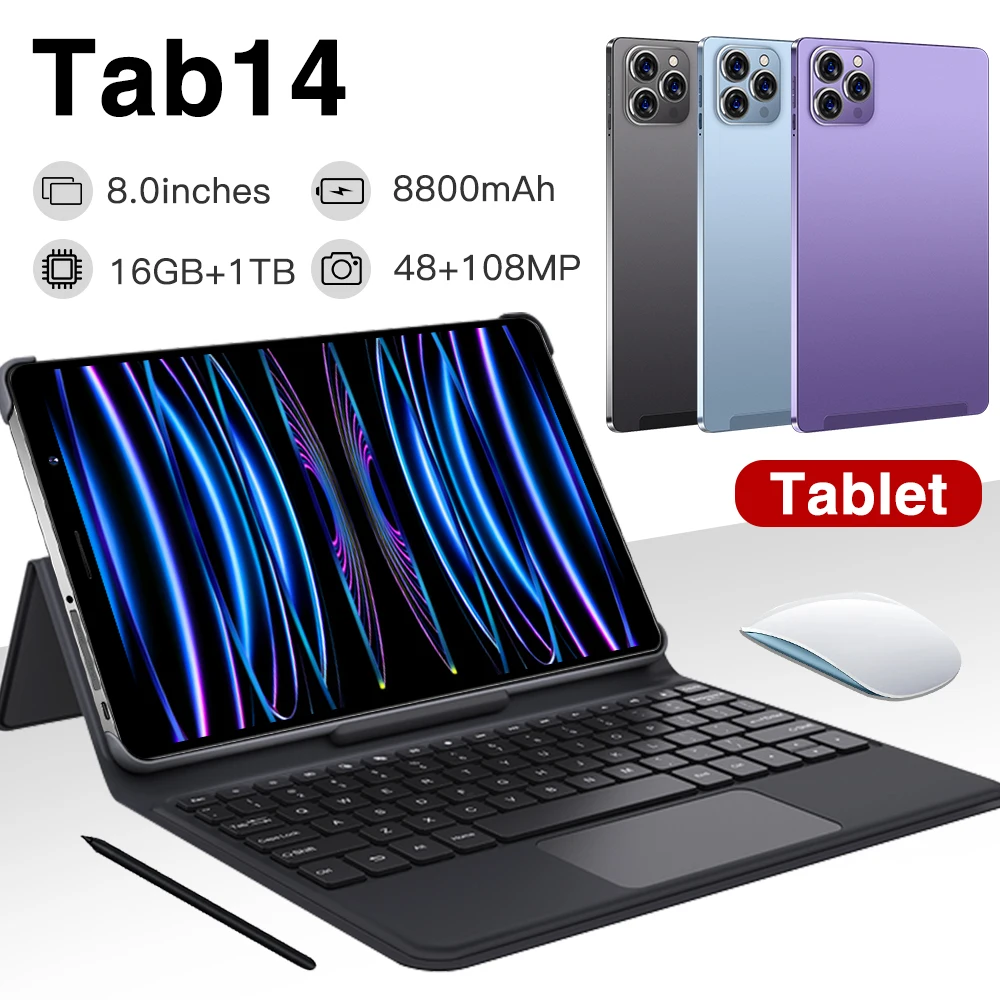 

Планшет TAB14 на Android 12, 8 дюймов, 16 ГБ + 1 ТБ, 8800 мАч, 48 + 108 МП, с клавиатурой, Bluetooth, Wi-Fi