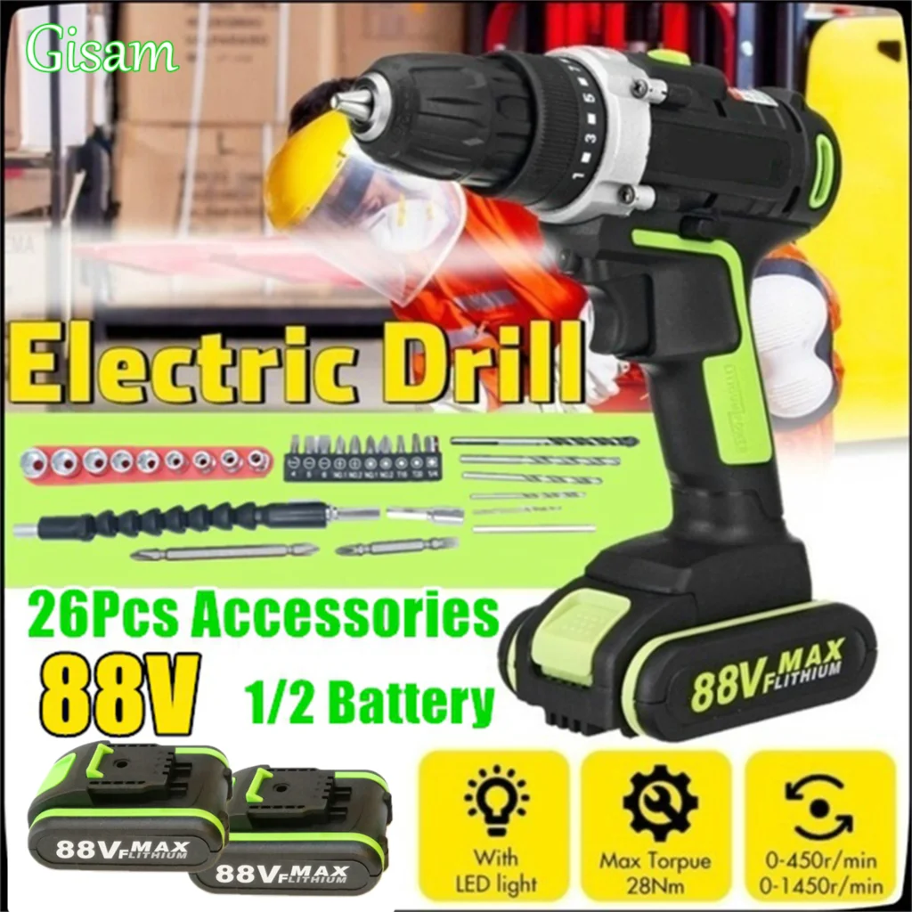 88V Electric Impact Drill High-power Lithium Battery Cordless Rechargeable Hand Drills LED Lights Power Tools With Drill Bit Set
88V Electric Impact Drill High-power Lithium Battery Cordless Rechargeable Hand Drills LED Lights Power Tools With Drill Bit Set
