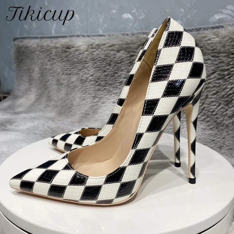 

Tikicup Black White Diamond Crocodile Effect Women Pointy Toe High Heel Shoes Designer Slip On Stiletto Pumps 8cm 10cm 12cm