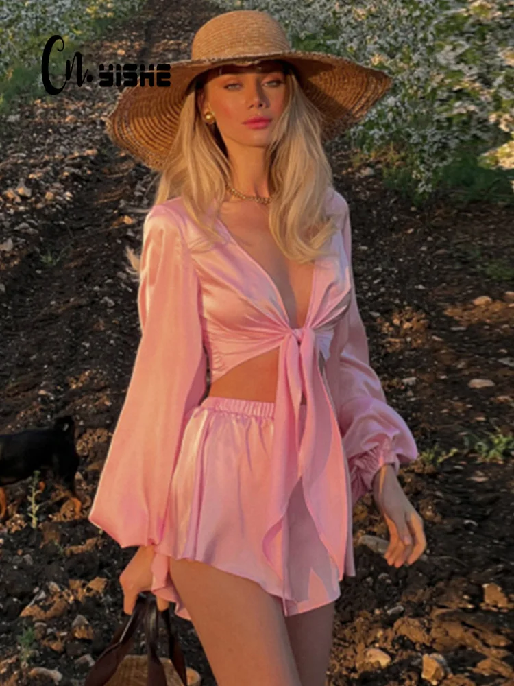 CNYISHE Satin Two Piece Sets Suits Lantern Sleeve Cropped Shirts And Shorts Party Set Women Outfits Elegant Sexy Sweet Tracksuit
CNYISHE Satin Two Piece Sets Suits Lantern Sleeve Cropped Shirts And Shorts Party Set Women Outfits Elegant Sexy Sweet Tracksuit