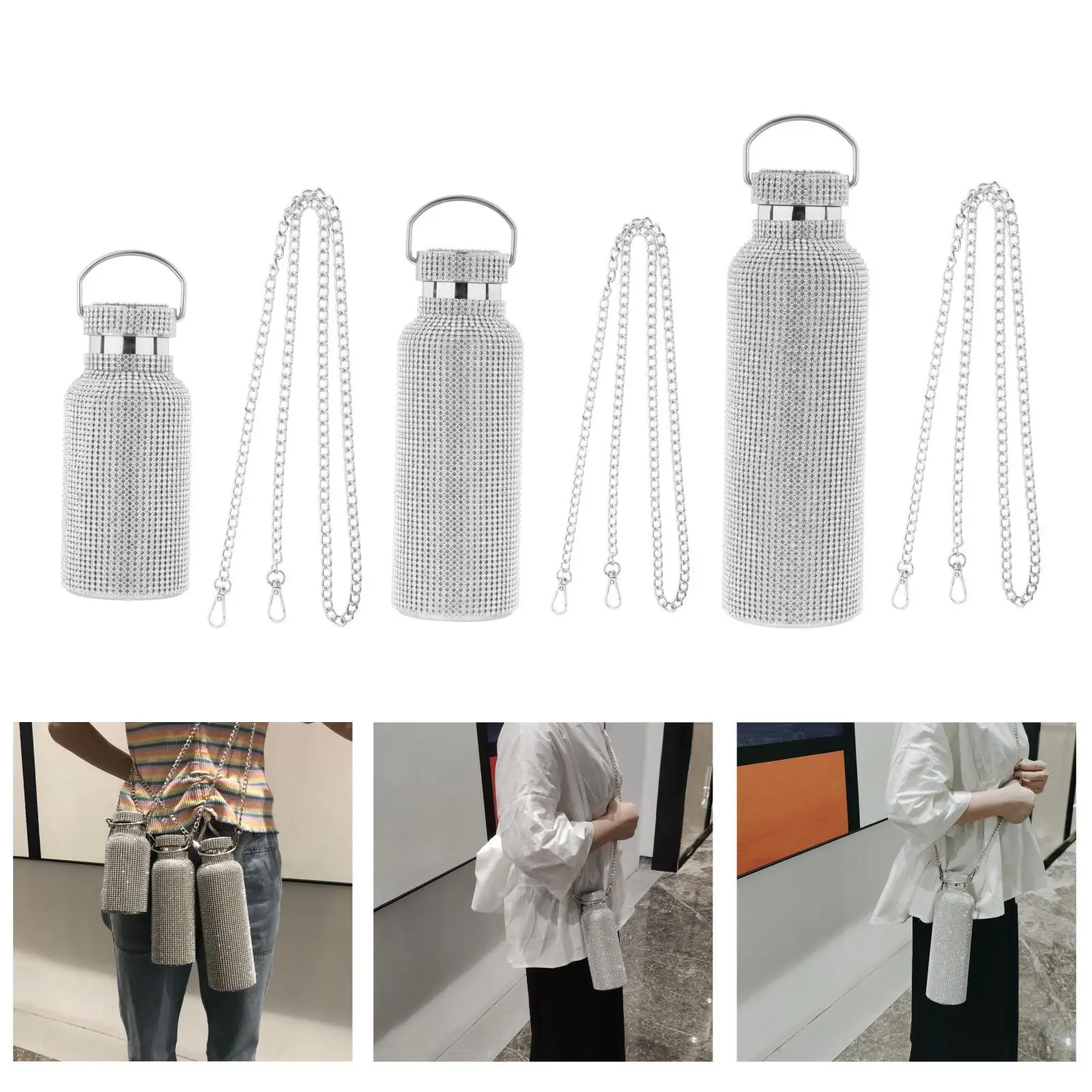 Изолированная бутылка для воды из нержавеющей стали с цепочкой и бриллиантами для женщин и девочек 
Изолированная бутылка для воды из нержавеющей стали с цепочкой и бриллиантами для женщин и девочек