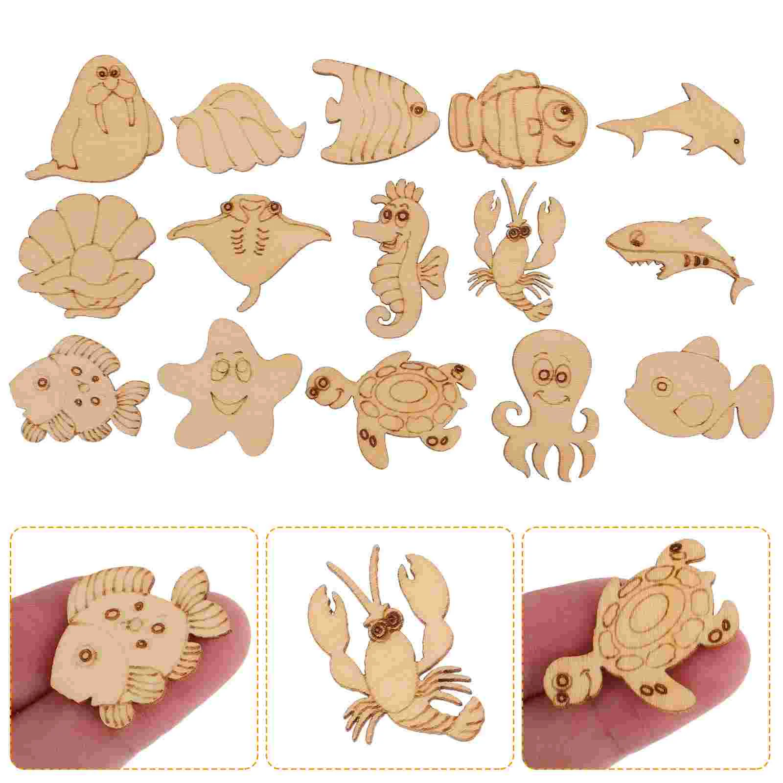 

100 Pcs Kids Marine Animal Wood Chips Cutout Slice 3X2.5CM Blank Wooden Unfinished Pieces Khaki Aniaml Slices Child