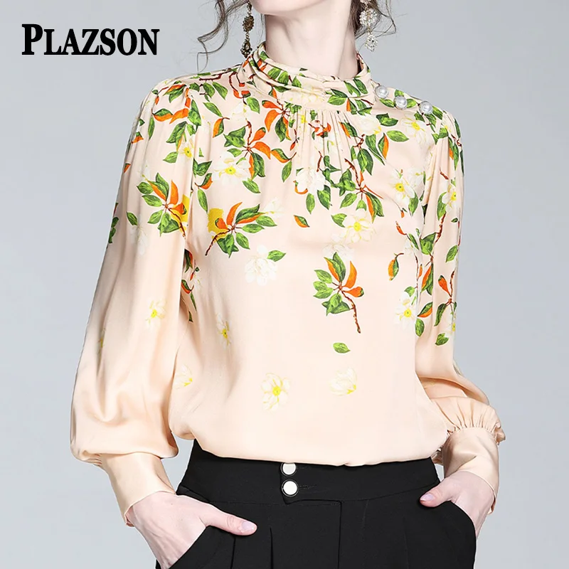 

PLAZSON camisas y blusas Long Sleeve Satin Women Shirt Elegant Silk Blouse Pullover Tops Leaf Print Casual Blusa Mujer Moda 2023