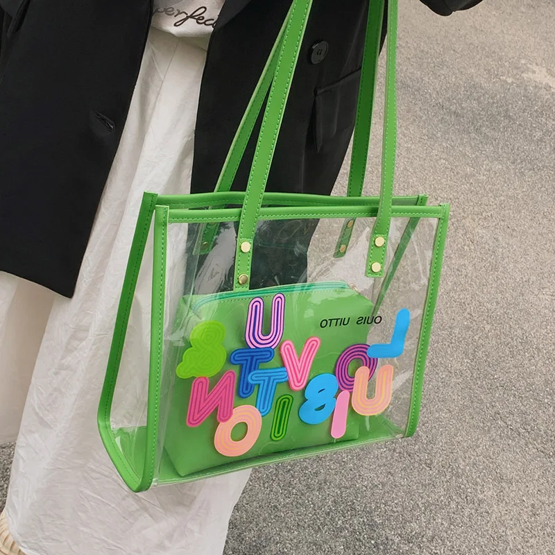 2022 Summer Brand Fashion Big Transparent PVC Totes Women Luxury Beach Shoulder Bags 2 Pieces Lady Handbags and Purses
2022 Summer Brand Fashion Big Transparent PVC Totes Women Luxury Beach Shoulder Bags 2 Pieces Lady Handbags and Purses