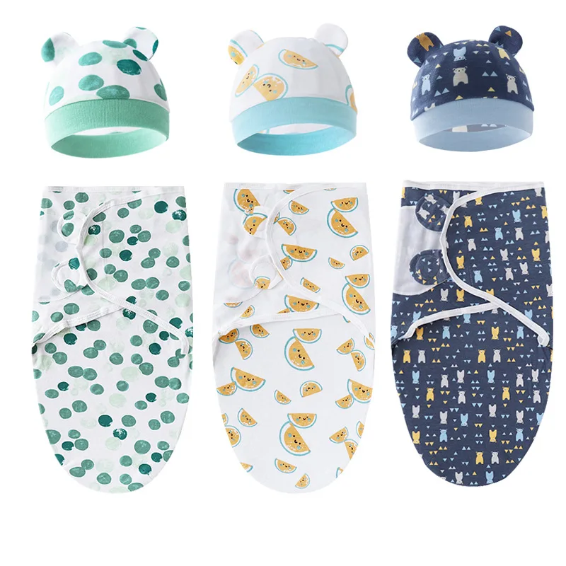 

Newbron Baby Swaddle Blanket Cotton Swaddle Wrap Hat Set for 0-6M Infant Adjustable Envelope Newborn Swaddle Baby Sleeping Bag