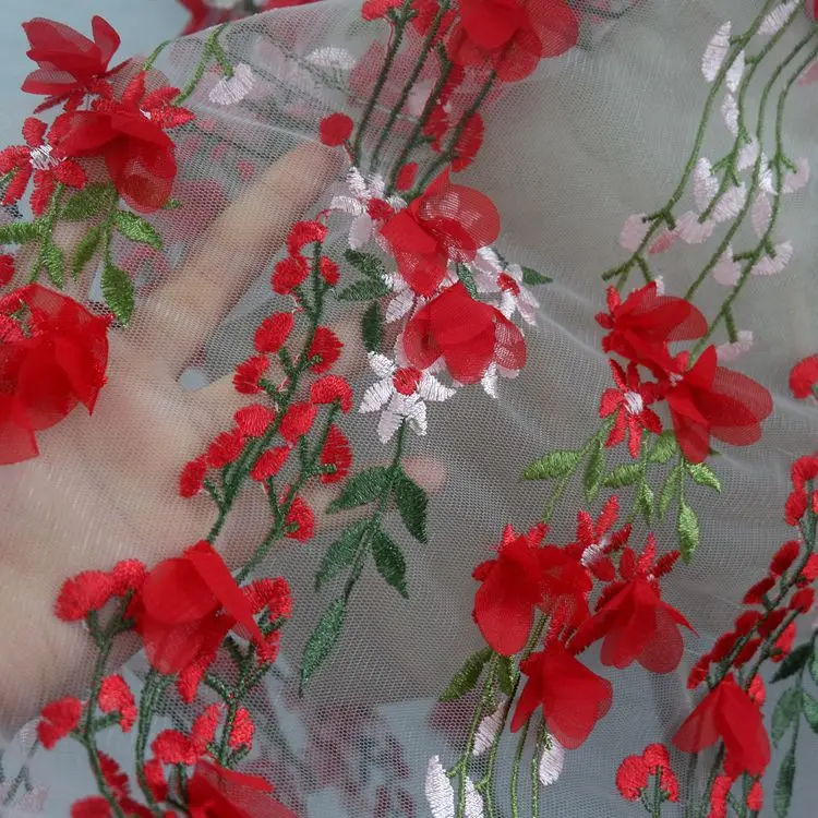 

1.5m wide three-dimensional red flower mesh embroidery dress fabric DIY clothing dress skirt material