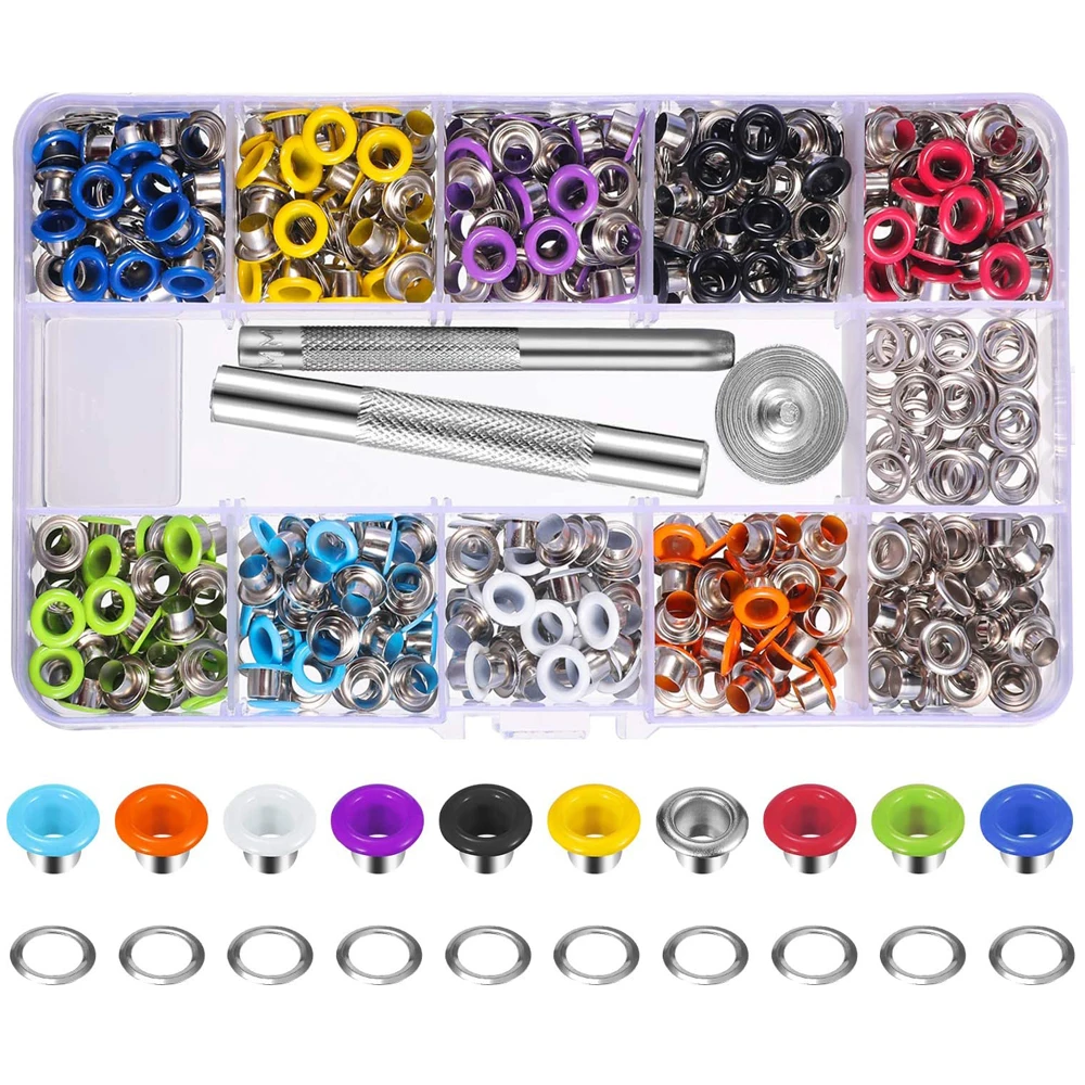 400 Sets 3/16 Inch Multi-Color Grommets Kit Metal Eyelets with Installation Tools and Instructor in Clear Box 
400 Sets 3/16 Inch Multi-Color Grommets Kit Metal Eyelets with Installation Tools and Instructor in Clear Box