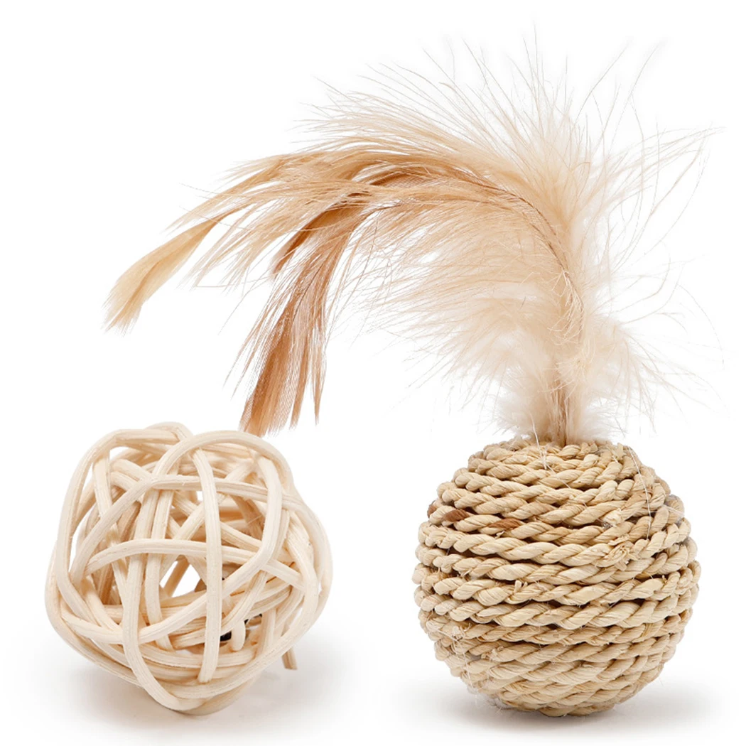 

2 Cat Toys Pet Rattan Ball Cat Toy Fun Fake Feather Cat Bell Ball Kitten Play Interactive Ball Toy Cat Teething Toy