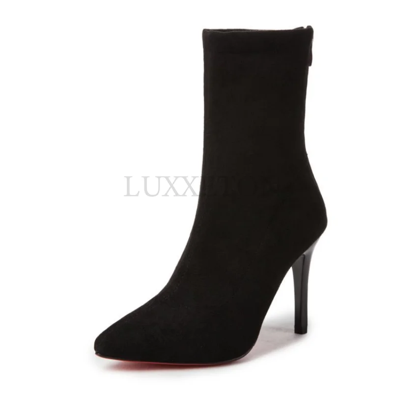 

Woman Winter Elegant Heeled Mid-barrel Boots Elastic Pointed Toe Thin Heels for Black Ankle Stretch Fabric High Rome Shoes