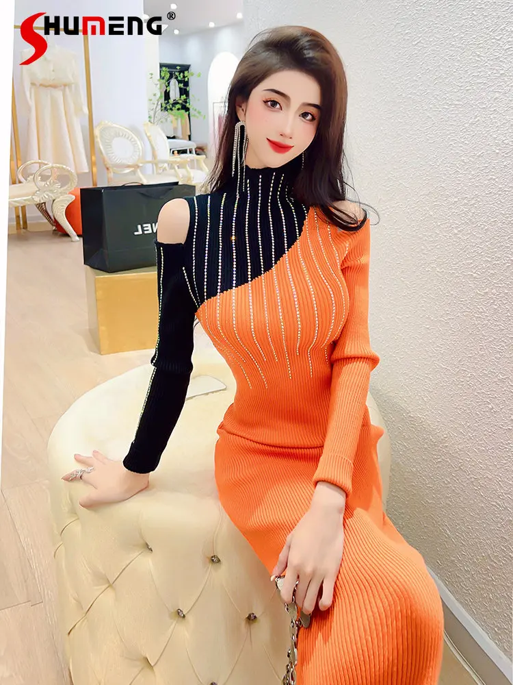 French Sexy Off-the-Shoulder Knitted Dress Women Contrast-Color Sheath Diamond Slim Waist Bodycon Dress Autumn Winter Vestidos
French Sexy Off-the-Shoulder Knitted Dress Women Contrast-Color Sheath Diamond Slim Waist Bodycon Dress Autumn Winter Vestidos