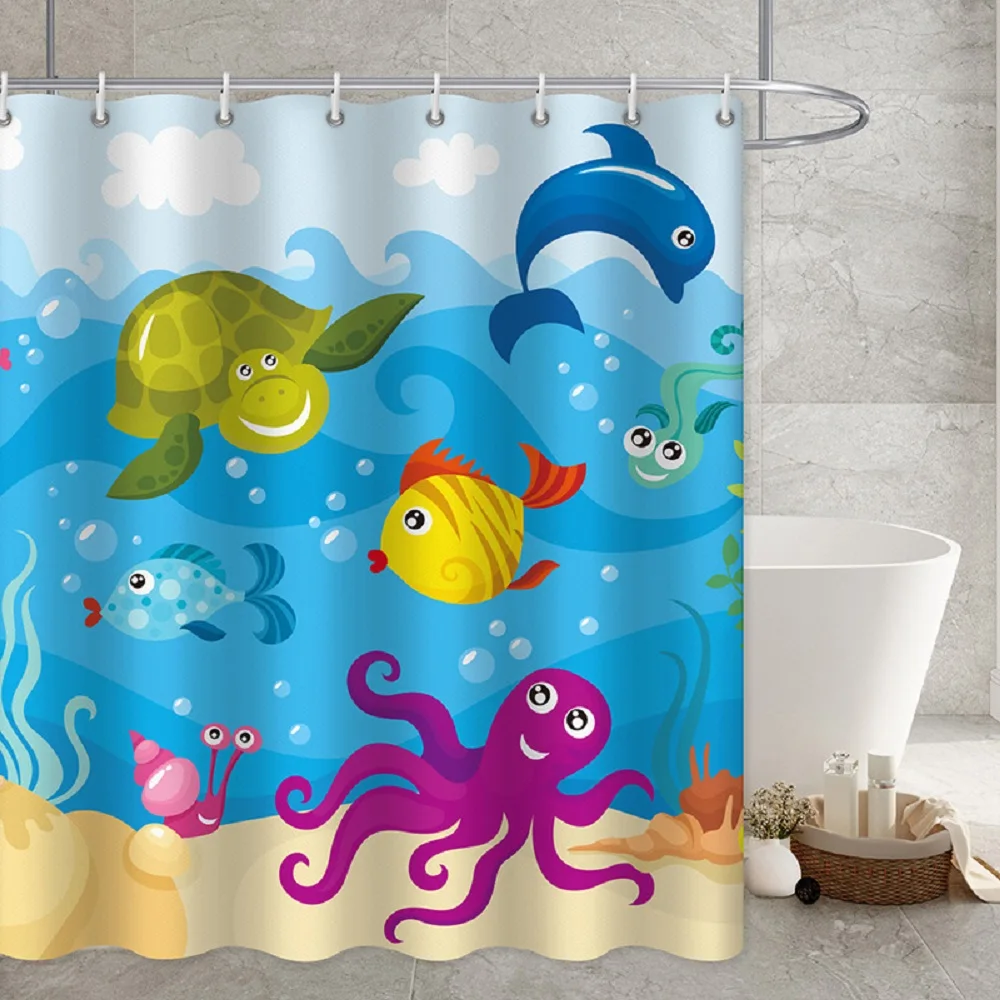 

Sea Animals Shower Curtain Cartoon Undersea Cute Whales Dolphin Fish Print Pattern Waterproof with Hooks Bathroom Bath Curtains