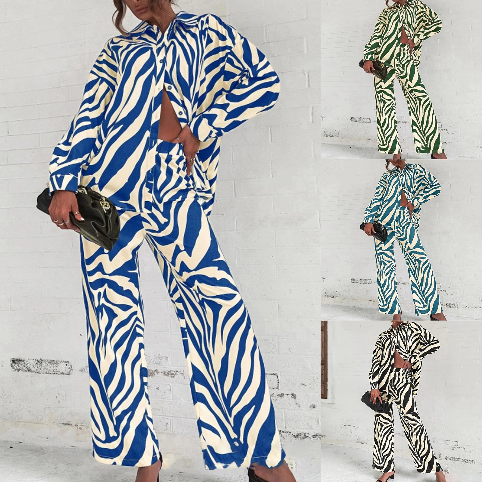 Ladies Tops Loose Pants Set 2pcs Single Breasted Women Lapel Shirt + Wide Leg Pants Casual Fashion Zebra Printed Streetwear Set 
Ladies Tops Loose Pants Set 2pcs Single Breasted Women Lapel Shirt + Wide Leg Pants Casual Fashion Zebra Printed Streetwear Set