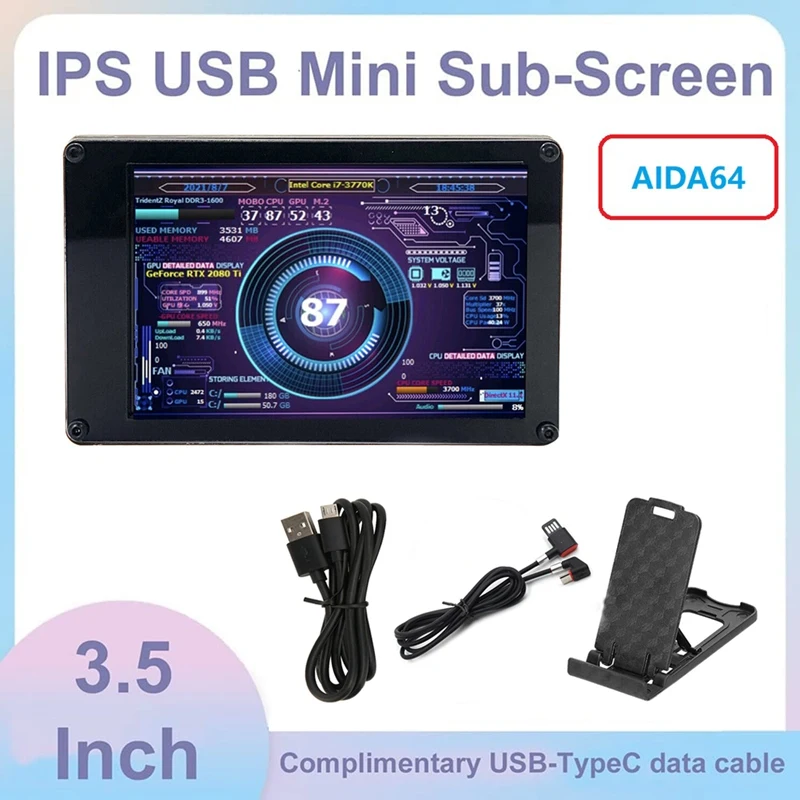 

HOT-3.5 Inch AIDA64 Chassis Display+Elbow Data Cable Type-C+Bracket Kit IPS LCD 320X480 USB Computer Secondary Screen
