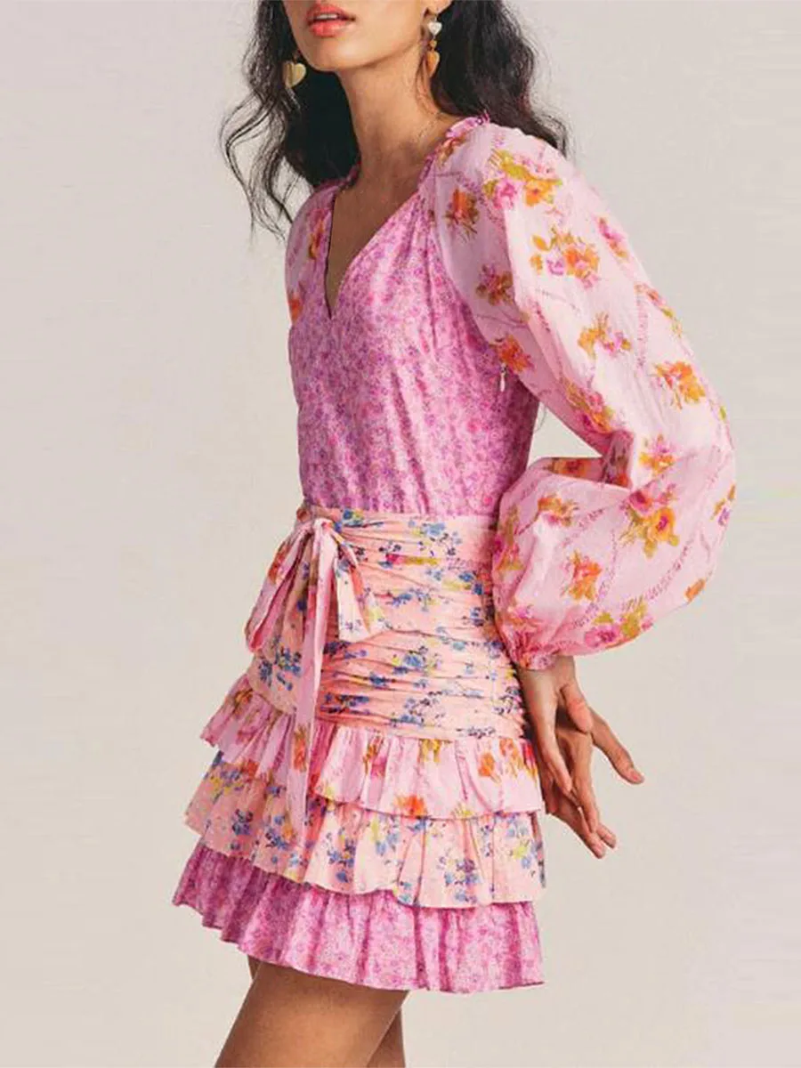 

Женское Цветочное платье с длинным рукавом, многослойное платье мини с оборками и V-образным вырезом для пляжа, коктейля, клуба, уличная одежда