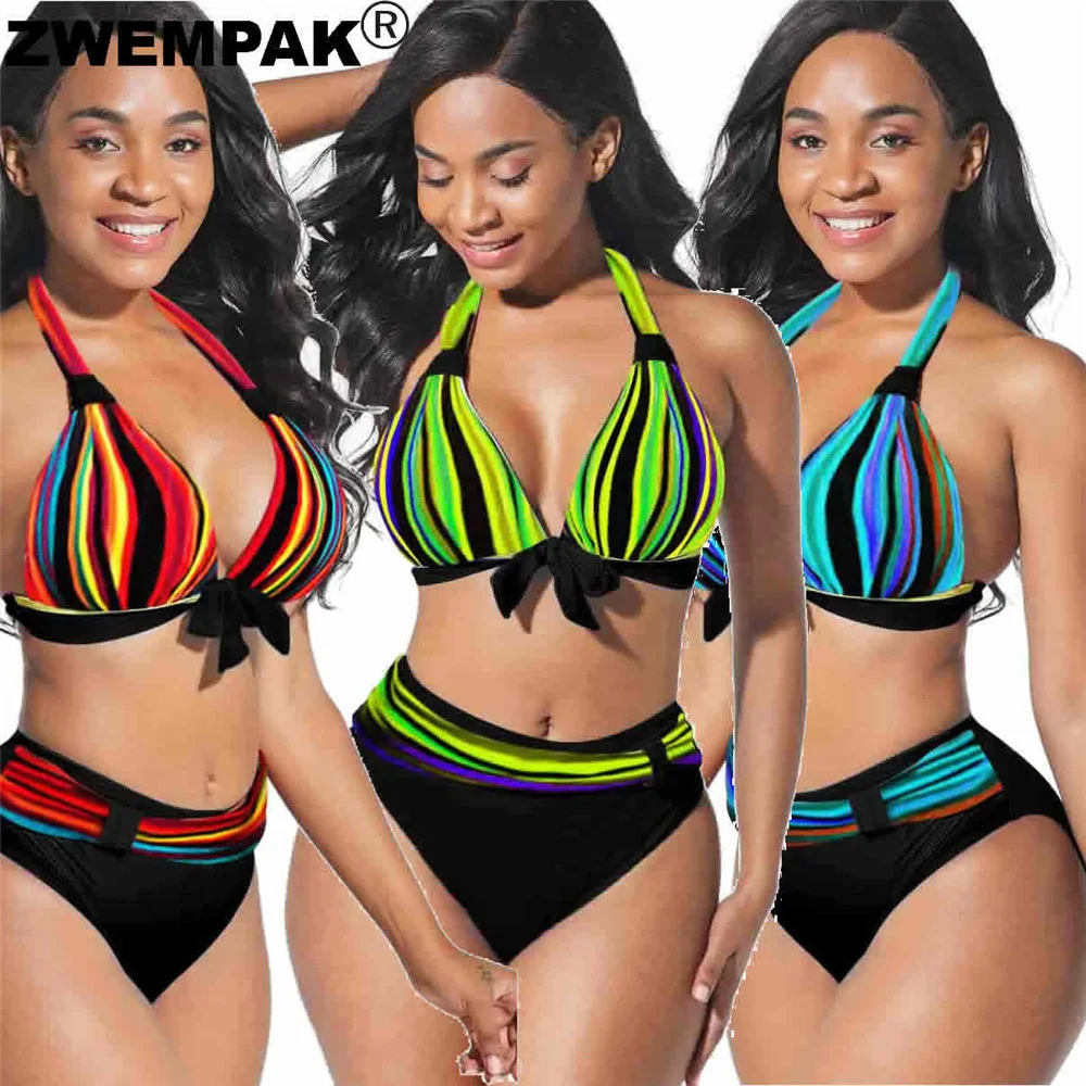 

New Arrival Summer Women Bandage Halter Bikini Set Multi Color Stripe Bowknot Decorated Bikinis Large Swimming Suit Big Swimwear