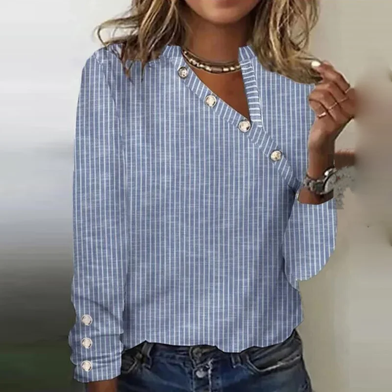 Spring Fashion Asymmetrical Collar Buttoned T-shirt Women Elegant Striped Print Top Pullover Autumn Long Sleeve Loose Tee Shirts
Spring Fashion Asymmetrical Collar Buttoned T-shirt Women Elegant Striped Print Top Pullover Autumn Long Sleeve Loose Tee Shirts