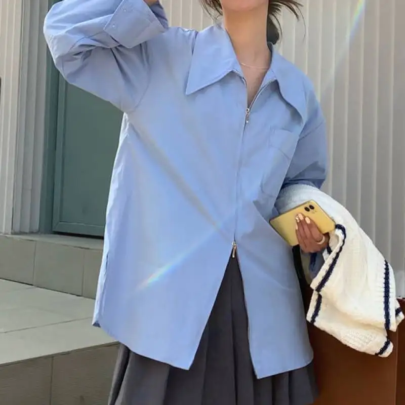 Рубашка Vrouwen в стиле оверсайз, повседневные блузки с отложным воротником, Однотонные голубые элегантные рубашки, 2022
