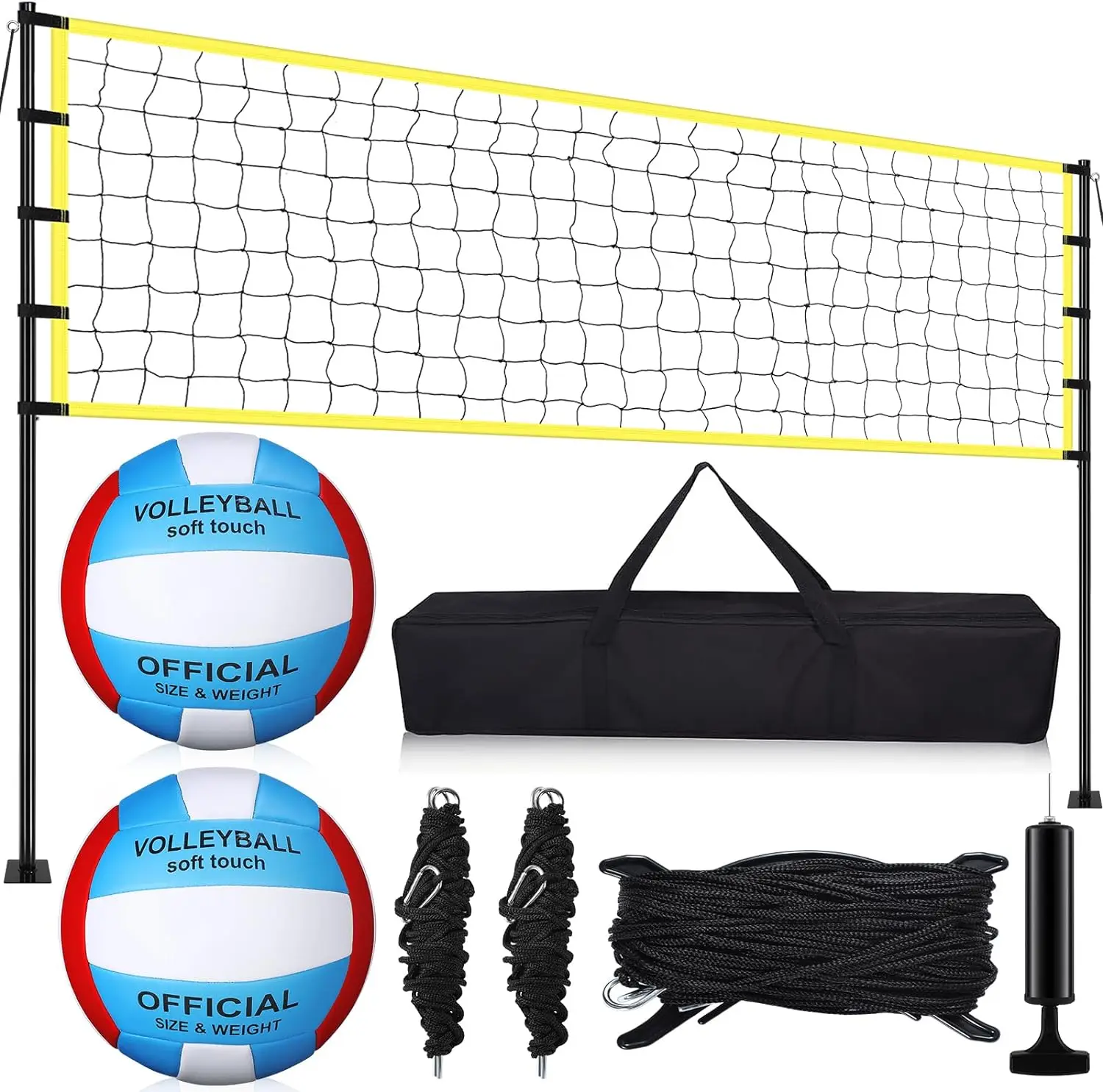 Volleyball Net Sets Adjustable Height Poles, 2 Volleyballs with Pump, Boundary Marker Rope Portable Carrying Bag Regulation Size
Volleyball Net Sets Adjustable Height Poles, 2 Volleyballs with Pump, Boundary Marker Rope Portable Carrying Bag Regulation Size