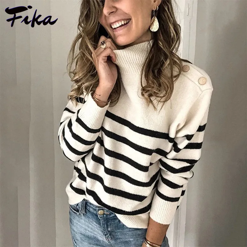 Autumn Winter New Women Casual Long Sleeve Button Pollover Sweater Stripe High Neck Knitwear Lady Daily Wear Fashion Tops 2022
Autumn Winter New Women Casual Long Sleeve Button Pollover Sweater Stripe High Neck Knitwear Lady Daily Wear Fashion Tops 2022