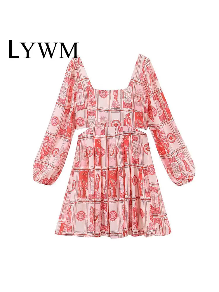 

Женское мини-платье LYWM с принтом, винтажное платье с квадратным вырезом, молнией сзади и рукавами-фонариками, женские платья