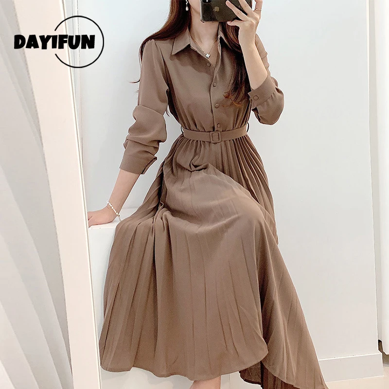 DAYIFUN Autumn Dress Lady Simple Elegant Lapel Tie Waist Mid-length Pleated Dresses Long Sleeve Single-breasted Women Clothing
DAYIFUN Autumn Dress Lady Simple Elegant Lapel Tie Waist Mid-length Pleated Dresses Long Sleeve Single-breasted Women Clothing