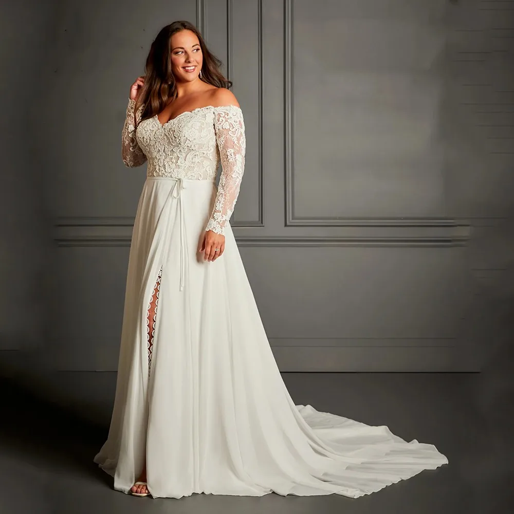 Luxury Lace Long Sleeves Wedding Dresses Plus Size V Neck Off Shoulder Bride Gowns Appliques A Line Split Slit Vestido De Noiva
Luxury Lace Long Sleeves Wedding Dresses Plus Size V Neck Off Shoulder Bride Gowns Appliques A Line Split Slit Vestido De Noiva