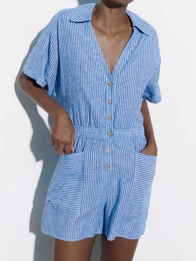 Kumsvag 2023 Women Summer Striped Playsuit Rompers Casual Linen Buttons V-Neck Female Elegant Street Pockets jumpsuit Overalls
Kumsvag 2023 Women Summer Striped Playsuit Rompers Casual Linen Buttons V-Neck Female Elegant Street Pockets jumpsuit Overalls