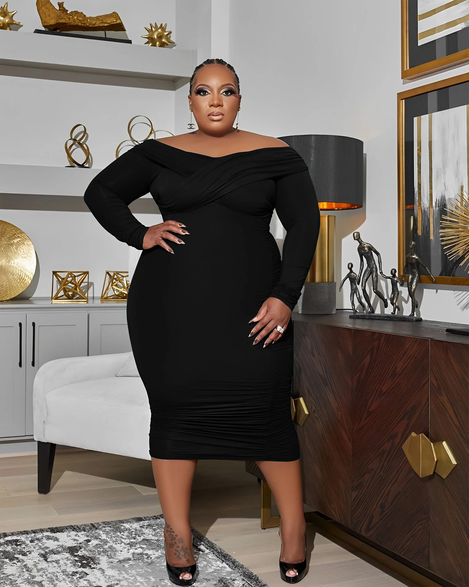 Plus Size Party Dresses Women Fashion One-line Collar Pleated Elegant Dress Large Size Casual Solid Color Ladies Evening Dress
Plus Size Party Dresses Women Fashion One-line Collar Pleated Elegant Dress Large Size Casual Solid Color Ladies Evening Dress