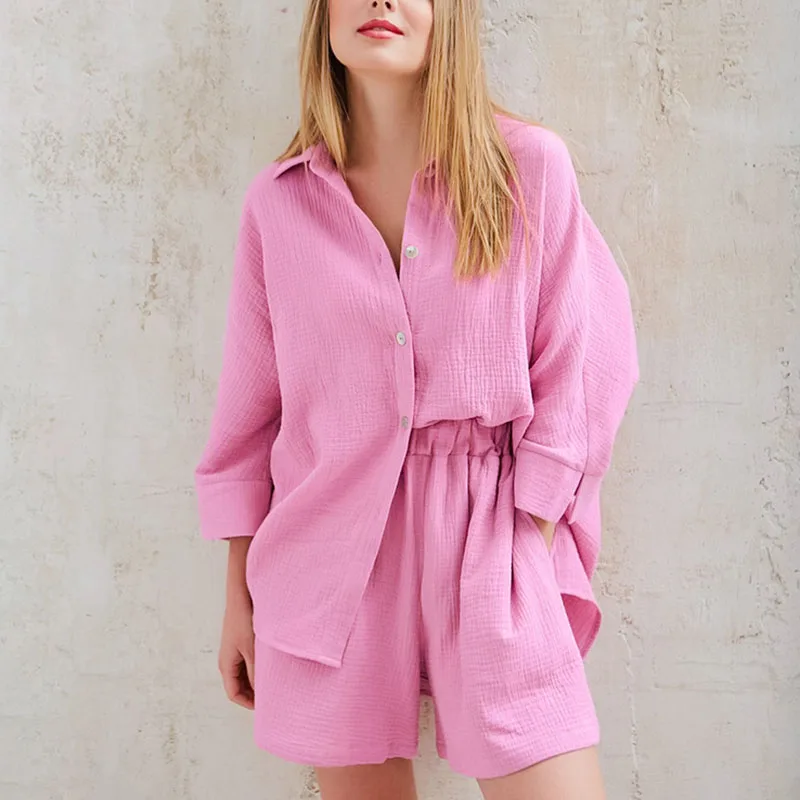 Women Casual Sleepwear Cotton Pajamas Sets Suit Turn-Down Collar Nine Quarter Sleeve Sleep Tops Shorts Female Homewear
Women Casual Sleepwear Cotton Pajamas Sets Suit Turn-Down Collar Nine Quarter Sleeve Sleep Tops Shorts Female Homewear