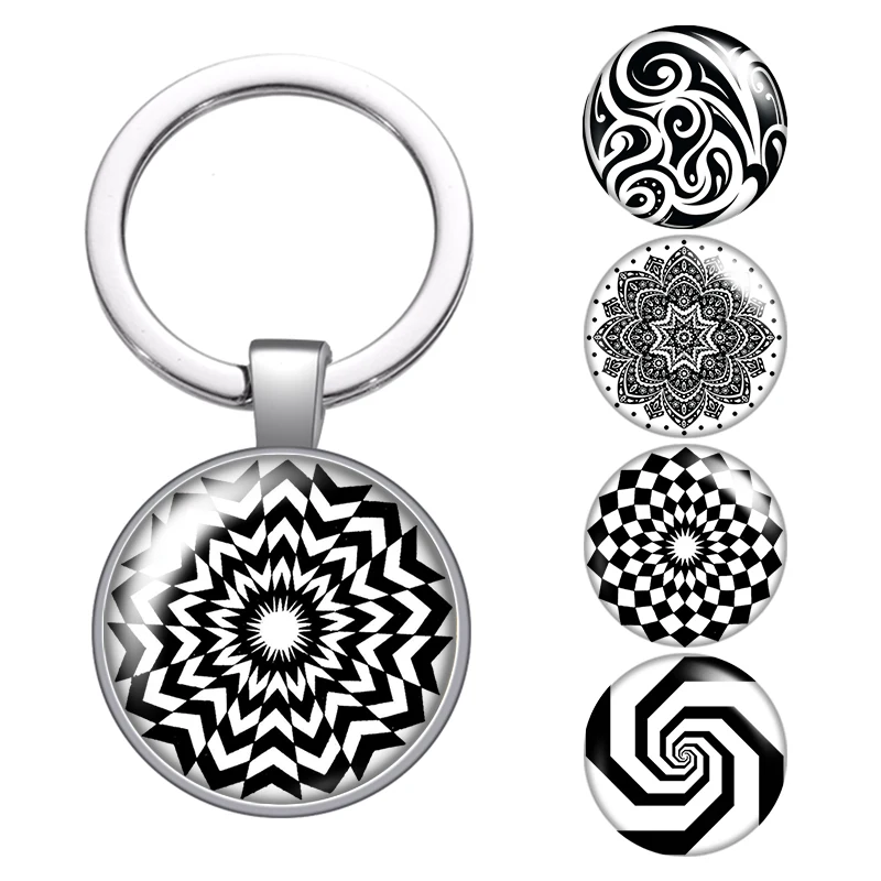 

Black patterns Abstract lines glass cabochon keychain Bag Car key chain Ring Holder silver color keychains for Men Women Gifts