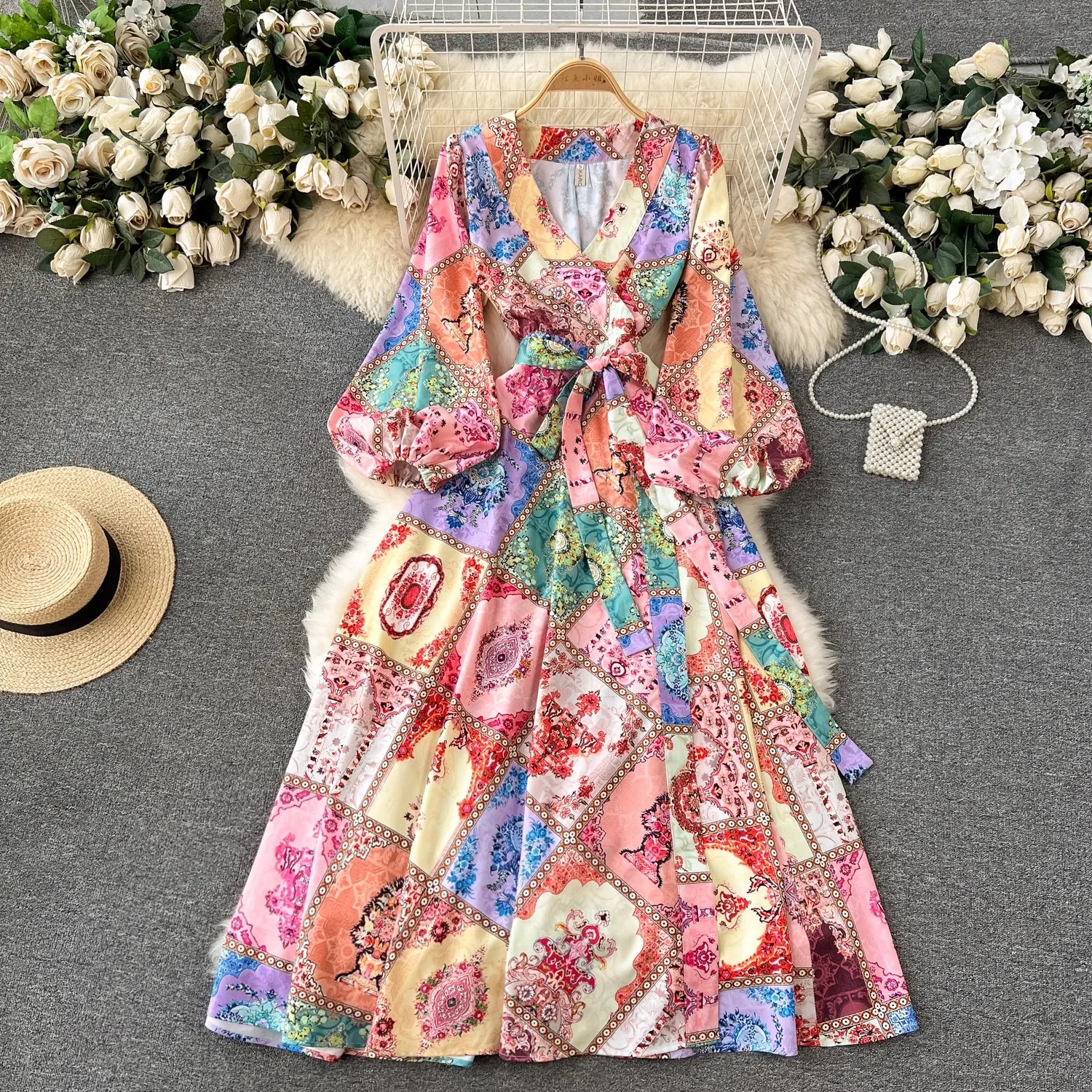 

Autumn Runway Paisley Print Long Dress Women's V-Neck Puff Sleeve Floral Print Belt Lace Up Holiday Boho Maxi Party Vestidos