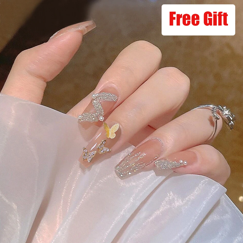 24pcs/set French long fake nails faux ongles nude color with glitter butterfly designs DIY manicure press on false acrylic nails
24pcs/set French long fake nails faux ongles nude color with glitter butterfly designs DIY manicure press on false acrylic nails