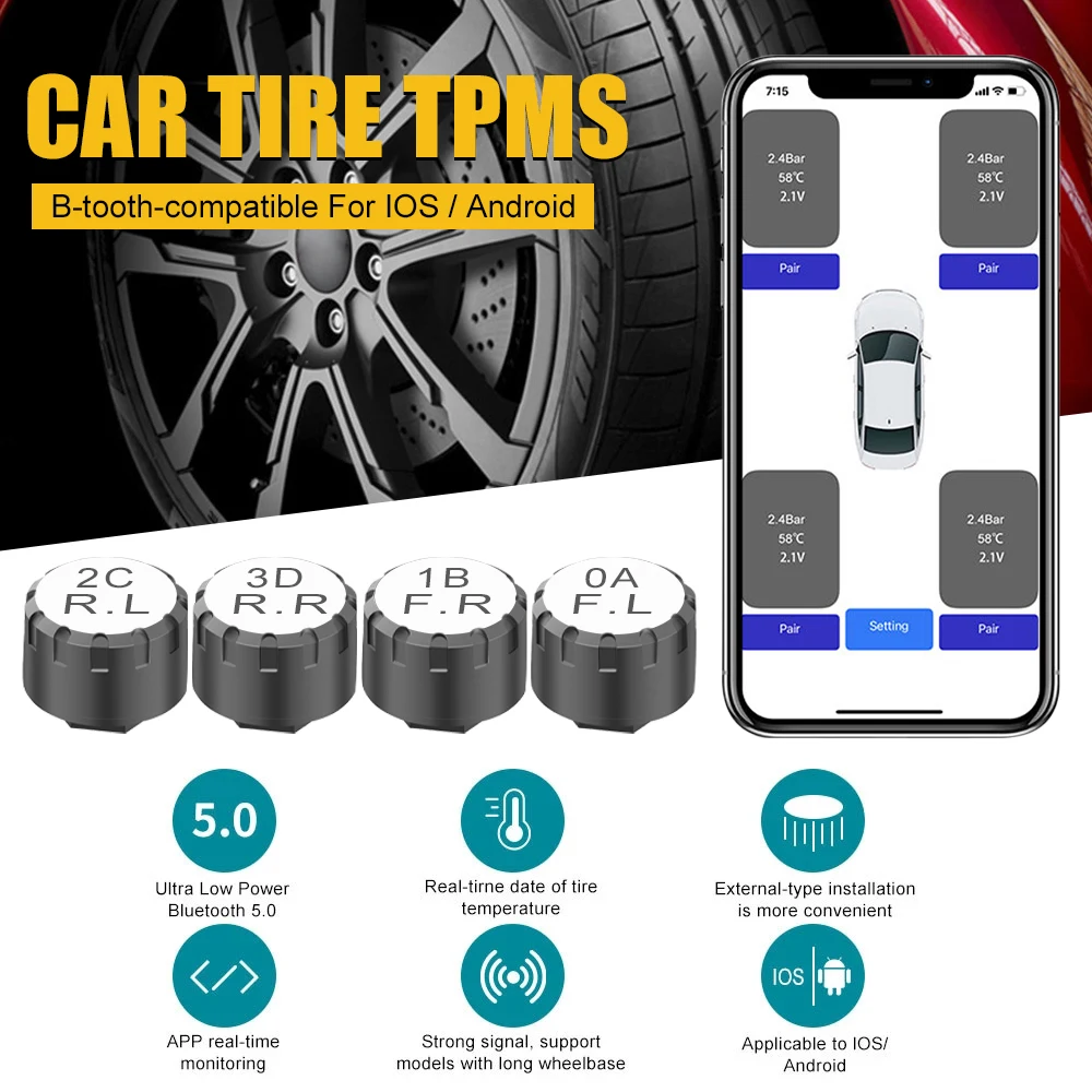 Tire Pressure Alarm Bluetooth-Compatible TPMS Tire Pressure Monitoring System External Sensors For Android/IOS Car Motorcycle
Tire Pressure Alarm Bluetooth-Compatible TPMS Tire Pressure Monitoring System External Sensors For Android/IOS Car Motorcycle