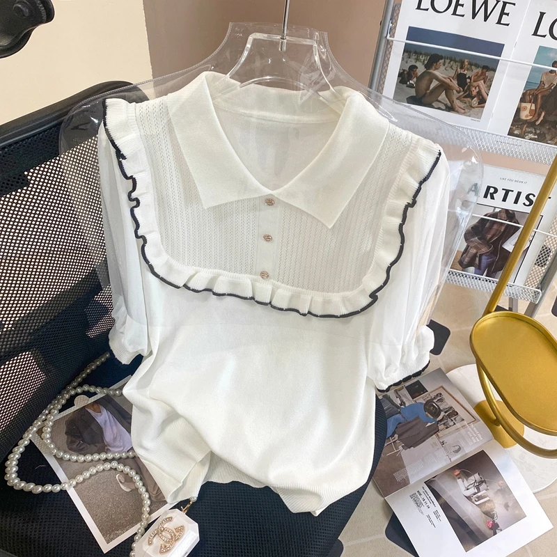 Knitting Sueter Mujer Chic Patchwork Vintage Pullovers Women Short Sleeve Tunic Jumper 2023 Summer Turn Down Collar Tops
Knitting Sueter Mujer Chic Patchwork Vintage Pullovers Women Short Sleeve Tunic Jumper 2023 Summer Turn Down Collar Tops