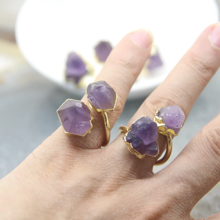 

Raw Amethysts Druzy Adjustable Ring,Healing Crystal Rough Quartz Geode Drusy Dual Gemstone Finger Rings For Women Party Gifts