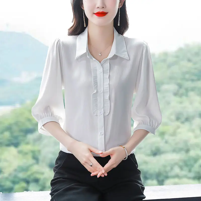 Women's Summer New Ruffled Chiffon Shirt Loose Fitting Blouse Fashion Turn Down Collar 3/4 Slleve Bottoming Top 4XL
Women's Summer New Ruffled Chiffon Shirt Loose Fitting Blouse Fashion Turn Down Collar 3/4 Slleve Bottoming Top 4XL