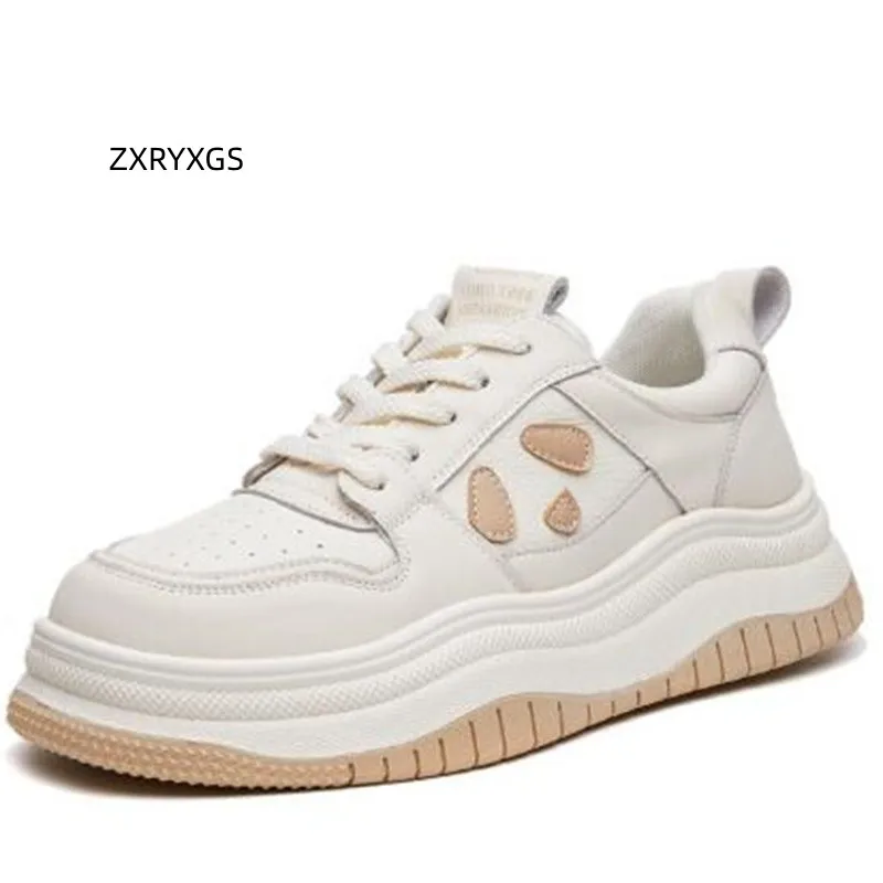 

ZXRYXGS Promotional Spell Color Real Leather Thick Soled Sneaker Casual Shoes 2023 Autumn Lace Up Versatile Women Sneaker Shoes