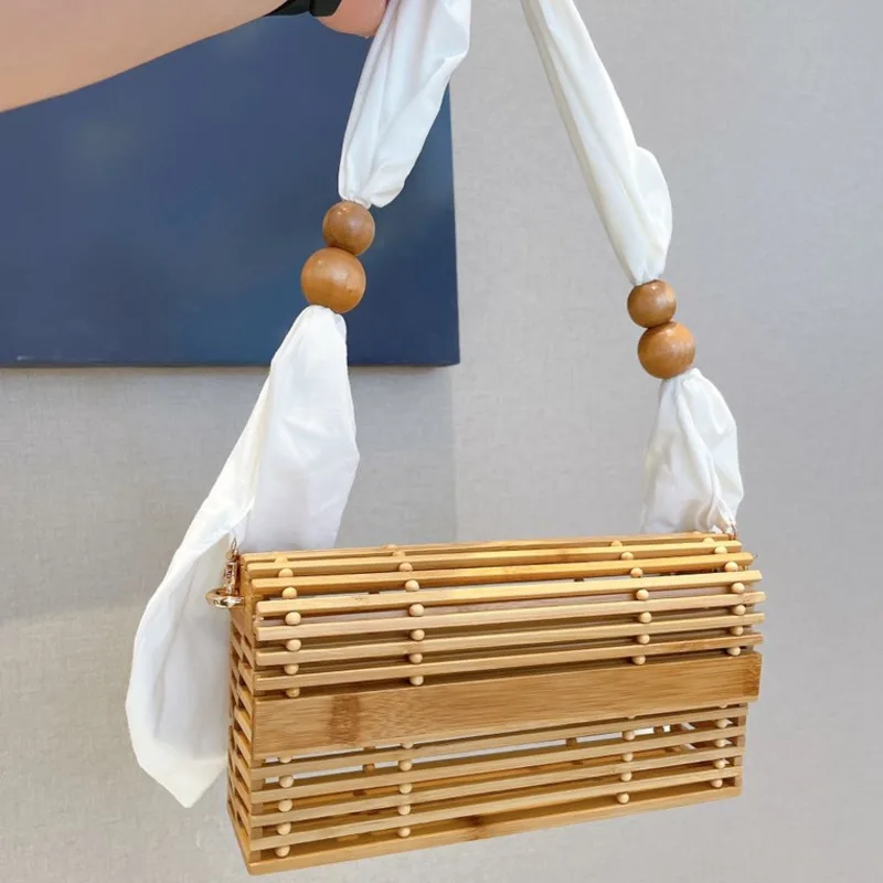 

Женская бамбуковая пляжная сумка, винтажная Плетеная соломенная сумка с деревянными бусинами, повседневная Праздничная сумка через плечо, 2023