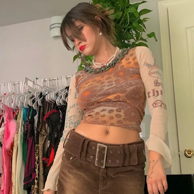 Summer Lace O-neck Long Sleeve Casual T Shirts Women Vintage Y2k Print Mesh Crop Tops Khaki Woman Fashion Casual Streetwear New
Summer Lace O-neck Long Sleeve Casual T Shirts Women Vintage Y2k Print Mesh Crop Tops Khaki Woman Fashion Casual Streetwear New