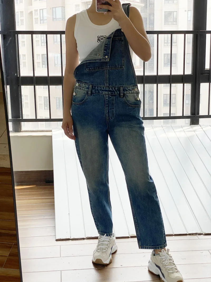 

American Vintage Versatile Overalls 2023 Summer New Triangle Washed Bleached High Waist Casual Cotton Denim Ankle-Length Pants