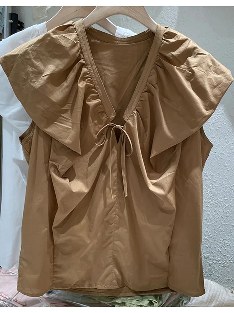 Women Summer T-Shirts European Niche Design High-end Lace Up Fly Sleeves V-neck Pullover Sleeveless Loose Shirt French Top D3658 
Women Summer T-Shirts European Niche Design High-end Lace Up Fly Sleeves V-neck Pullover Sleeveless Loose Shirt French Top D3658