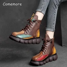 Comemore Womens Boots Fashion Chelsea Boot Vintage Short Leather Ankle Boots Autumn Winter 2022 New Leather Patchwork Platform